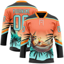 Laden Sie das Bild in den Galerie-Viewer, Uksn Individuelles Schwarz Eisblau-Orange 3D-Muster Verlauf Hawaii Tropical Palmen Eishockey-Trikot mit Schnürkragen
