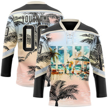 Laden Sie das Bild in den Galerie-Viewer, Uksn Individuelles Schwarz Pink Creme-Silber 3D-Muster Verlauf Hawaii Tropical Palmen Eishockey-Trikot mit Schnürkragen