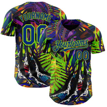Laden Sie das Bild in den Galerie-Viewer, Uksn Individuelles Schwarz Royalblau-Neongrün Cyber Tropische Palmen Musikfestival Kratzspuren Authentisches Baseball-Trikot
