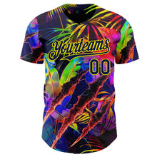 Laden Sie das Bild in den Galerie-Viewer, Uksn Individuelles Schwarz Marineblau-Hellgelb Cyber Tropische Palmen Musikfestival Kratzspuren Authentisches Baseball-Trikot