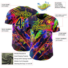 Laden Sie das Bild in den Galerie-Viewer, Uksn Individuelles Schwarz Marineblau-Hellgelb Cyber Tropische Palmen Musikfestival Kratzspuren Authentisches Baseball-Trikot
