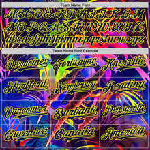 Laden Sie das Bild in den Galerie-Viewer, Uksn Individuelles Schwarz Marineblau-Hellgelb Cyber Tropische Palmen Musikfestival Kratzspuren Authentisches Baseball-Trikot