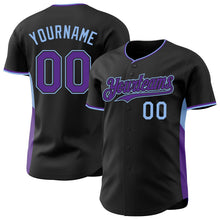Laden Sie das Bild in den Galerie-Viewer, Uksn Individuelles Schwarz Violett-Hellblau Klassischer Farbblock Seitenpanel-Streifen Authentisches Baseball-Trikot