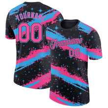 Laden Sie das Bild in den Galerie-Viewer, Uksn Individuelles Schwarz Pink-Himmelblau Pinselstrich Spritzer Sternenexplosion Funktions-T-Shirt