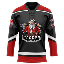 Laden Sie das Bild in den Galerie-Viewer, Uksn Individuelles Schwarz Rot-Weiß Weihnachtsmann 3D Eishockey-Trikot mit Schnürkragen