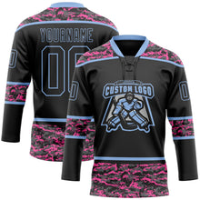 Laden Sie das Bild in den Galerie-Viewer, Uksn Individuelles Schwarz Camouflage-Hellblau Digitale Camouflage-Akzente Eishockey-Trikot mit Schnürkragen