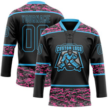 Laden Sie das Bild in den Galerie-Viewer, Uksn Individuelles Schwarz Camouflage-Himmelblau Digitale Camouflage-Akzente Eishockey-Trikot mit Schnürkragen