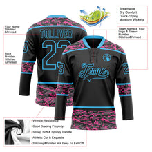 Laden Sie das Bild in den Galerie-Viewer, Uksn Individuelles Schwarz Camouflage-Himmelblau Digitale Camouflage-Akzente Eishockey-Trikot mit Schnürkragen