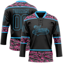 Laden Sie das Bild in den Galerie-Viewer, Uksn Individuelles Schwarz Camouflage-Himmelblau Digitale Camouflage-Akzente Eishockey-Trikot mit Schnürkragen