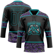 Laden Sie das Bild in den Galerie-Viewer, Uksn Individuelles Schwarz Camouflage-Petrol Digitale Camouflage-Akzente Eishockey-Trikot mit Schnürkragen