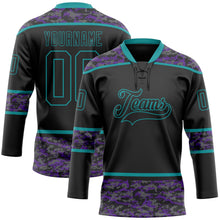 Laden Sie das Bild in den Galerie-Viewer, Uksn Individuelles Schwarz Camouflage-Petrol Digitale Camouflage-Akzente Eishockey-Trikot mit Schnürkragen