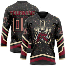 Laden Sie das Bild in den Galerie-Viewer, Uksn Individuelles Schwarz Altgold Creme-Karmesinrot Farbkleckse Streifen Eishockey-Trikot mit Schnürkragen