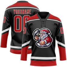 Laden Sie das Bild in den Galerie-Viewer, Uksn Individuelles Schwarz Rot-Weiß Weihnachtsmann 3D Eishockey-Trikot mit Schnürkragen