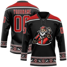 Laden Sie das Bild in den Galerie-Viewer, Uksn Individuelles Schwarz Rot-Weiß Weihnachtsmann 3D Eishockey-Trikot mit Schnürkragen