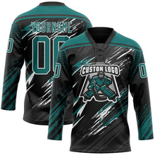 Laden Sie das Bild in den Galerie-Viewer, Uksn Individuelles Schwarz Petrol Grau-Weiß Diagonale Grunge-Pinselstriche Rasterton Eishockey-Trikot mit Schnürkragen