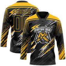 Laden Sie das Bild in den Galerie-Viewer, Uksn Individuelles Schwarz Gold Grau-Weiß Diagonale Grunge-Pinselstriche Rasterton Eishockey-Trikot mit Schnürkragen