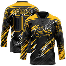 Laden Sie das Bild in den Galerie-Viewer, Uksn Individuelles Schwarz Gold Grau-Weiß Diagonale Grunge-Pinselstriche Rasterton Eishockey-Trikot mit Schnürkragen
