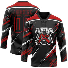Laden Sie das Bild in den Galerie-Viewer, Uksn Individuelles Schwarz Rot-Weiß Diagonale Kratz-Pinselstriche Eishockey-Trikot mit Schnürkragen