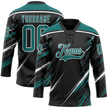 Laden Sie das Bild in den Galerie-Viewer, Uksn Individuelles Schwarz Petrol-Weiß Diagonale Kratz-Pinselstriche Eishockey-Trikot mit Schnürkragen