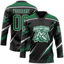 Laden Sie das Bild in den Galerie-Viewer, Uksn Individuelles Schwarz Kelly-Grün-Weiß Diagonale Kratz-Pinselstriche Eishockey-Trikot mit Schnürkragen