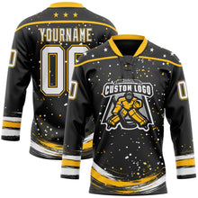 Laden Sie das Bild in den Galerie-Viewer, Uksn Individuelles Schwarz Weiß-Gold Sterne Farbkleckse Pinselstriche Eishockey-Trikot mit Schnürkragen