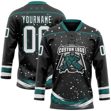 Laden Sie das Bild in den Galerie-Viewer, Uksn Individuelles Schwarz Weiß-Petrol Sterne Farbkleckse Pinselstriche Eishockey-Trikot mit Schnürkragen