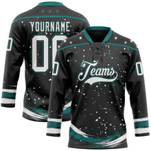 Laden Sie das Bild in den Galerie-Viewer, Uksn Individuelles Schwarz Weiß-Petrol Sterne Farbkleckse Pinselstriche Eishockey-Trikot mit Schnürkragen