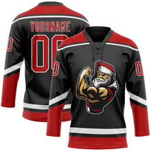 Laden Sie das Bild in den Galerie-Viewer, Uksn Individuelles Schwarz Rot-Weiß Weihnachtsmann 3D Eishockey-Trikot mit Schnürkragen