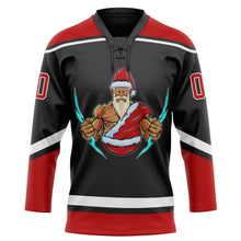 Laden Sie das Bild in den Galerie-Viewer, Uksn Individuelles Schwarz Rot-Weiß Weihnachtsmann 3D Eishockey-Trikot mit Schnürkragen