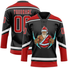 Laden Sie das Bild in den Galerie-Viewer, Uksn Individuelles Schwarz Rot-Weiß Weihnachtsmann 3D Eishockey-Trikot mit Schnürkragen