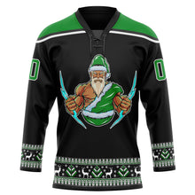 Laden Sie das Bild in den Galerie-Viewer, Uksn Individuelles Schwarz Grasgrün-Weiß Weihnachtsmann 3D Eishockey-Trikot mit Schnürkragen