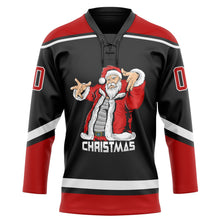Laden Sie das Bild in den Galerie-Viewer, Uksn Individuelles Schwarz Rot-Weiß Weihnachtsmann 3D Eishockey-Trikot mit Schnürkragen
