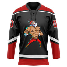 Laden Sie das Bild in den Galerie-Viewer, Uksn Individuelles Schwarz Rot-Weiß Weihnachtsmann 3D Eishockey-Trikot mit Schnürkragen