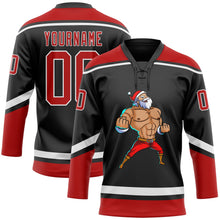 Laden Sie das Bild in den Galerie-Viewer, Uksn Individuelles Schwarz Rot-Weiß Weihnachtsmann 3D Eishockey-Trikot mit Schnürkragen