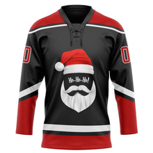 Laden Sie das Bild in den Galerie-Viewer, Uksn Individuelles Schwarz Rot-Weiß Weihnachtsmann 3D Eishockey-Trikot mit Schnürkragen