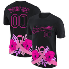 Laden Sie das Bild in den Galerie-Viewer, Uksn Individuelles Schwarz Dunkelrosa 3D Pink Schleife Brustkrebs Funktions-T-Shirt