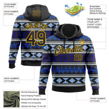 Laden Sie das Bild in den Galerie-Viewer, Uksn Individuelles Bestickt Schwarz Blau-Gold 3D Mexiko Azteken Muster Sport Pullover Sweatshirt Hoodie
