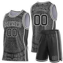 Laden Sie das Bild in den Galerie-Viewer, Uksn Individuelles Schwarz-Weiß Tribal Ethno Aztekischer Sonnenstein Seitenstreifen Rundhals Sublimation Basketball-Set Trikot