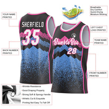 Laden Sie das Bild in den Galerie-Viewer, Uksn Individuelles Schwarz Weiß Hellblau-Pink Bergspitzen-Splitter Seitenstreifen Rundhals Sublimation Basketball-Set Trikot