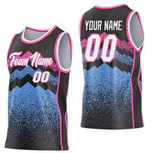 Laden Sie das Bild in den Galerie-Viewer, Uksn Individuelles Schwarz Weiß Hellblau-Pink Bergspitzen-Splitter Seitenstreifen Rundhals Sublimation Basketball-Set Trikot