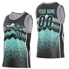 Laden Sie das Bild in den Galerie-Viewer, Uksn Individuelles Schwarz Eisblau-Weiß Bergspitzen-Splitter Seitenstreifen Rundhals Sublimation Basketball-Set Trikot