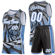 Laden Sie das Bild in den Galerie-Viewer, Uksn Individuelles Schwarz Weiß-Hellblau Blitz-Verlaufspunkt Seitenstreifen Rundhals Sublimation Basketball-Set Trikot