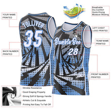 Laden Sie das Bild in den Galerie-Viewer, Uksn Individuelles Schwarz Weiß-Hellblau Blitz-Verlaufspunkt Seitenstreifen Rundhals Sublimation Basketball-Set Trikot
