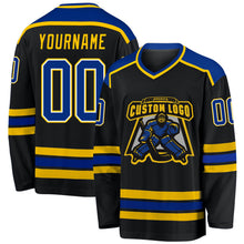 Laden Sie das Bild in den Galerie-Viewer, Uksn Individuelles Schwarz Royalblau-Gold Eishockey-Trikot