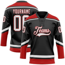 Laden Sie das Bild in den Galerie-Viewer, Uksn Individuelles Schwarz Weiß-Rot Eishockey-Trikot mit Schnürkragen