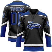 Laden Sie das Bild in den Galerie-Viewer, Uksn Individuelles Schwarz Royalblau-Weiß Eishockey-Trikot mit Schnürkragen