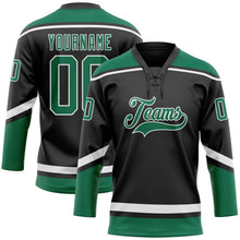 Laden Sie das Bild in den Galerie-Viewer, Uksn Individuelles Schwarz Weiß-Kelly-Grün Eishockey-Trikot mit Schnürkragen