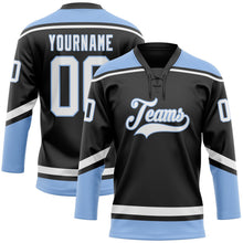 Laden Sie das Bild in den Galerie-Viewer, Uksn Individuelles Schwarz Weiß-Hellblau Eishockey-Trikot mit Schnürkragen