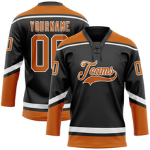 Laden Sie das Bild in den Galerie-Viewer, Uksn Individuelles Schwarz Texas-Orange-Weiß Eishockey-Trikot mit Schnürkragen