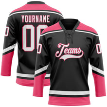 Laden Sie das Bild in den Galerie-Viewer, Uksn Individuelles Schwarz Weiß-Neonpink Eishockey-Trikot mit Schnürkragen